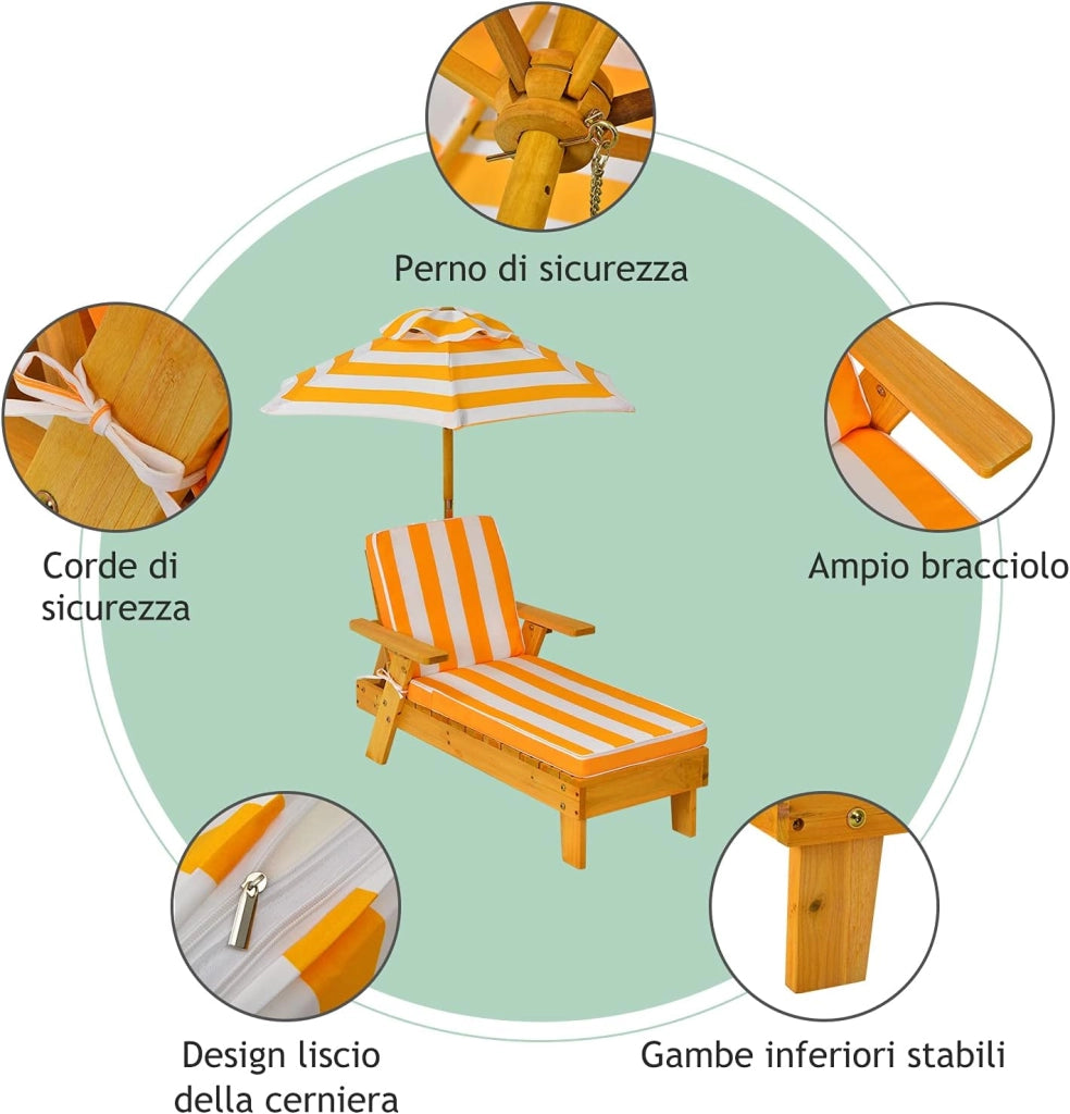 Chaise Longue da Esterno per Bambini, Poltrona di Legno con Ombrellone Smontabile, Sedia Portatile con Cuscino, Ideale per Bambini 3-8 Anni