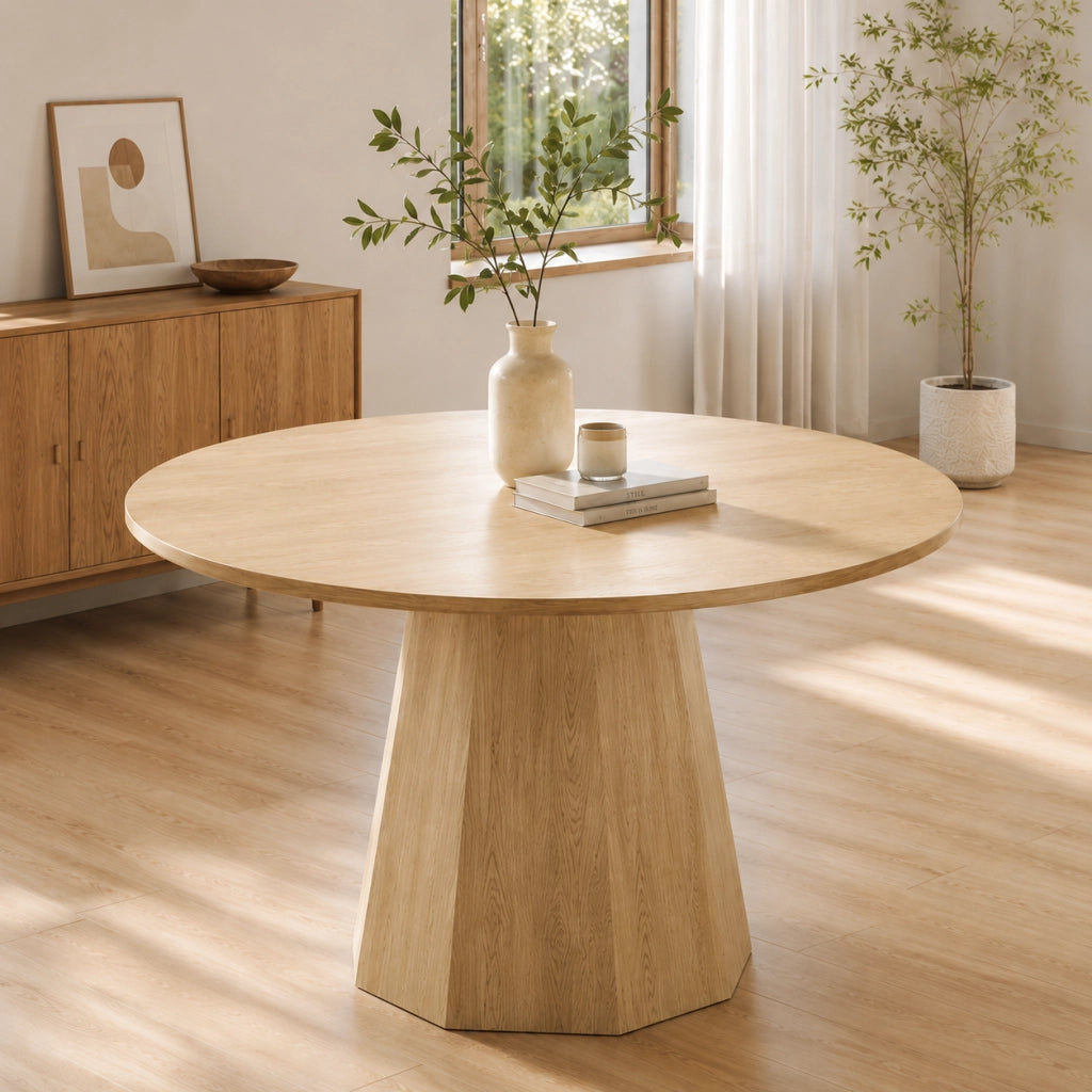 Tavolo da pranzo rotondo in MDF effetto rovere, diametro 120 cm, per 4-6 persone, design nordico