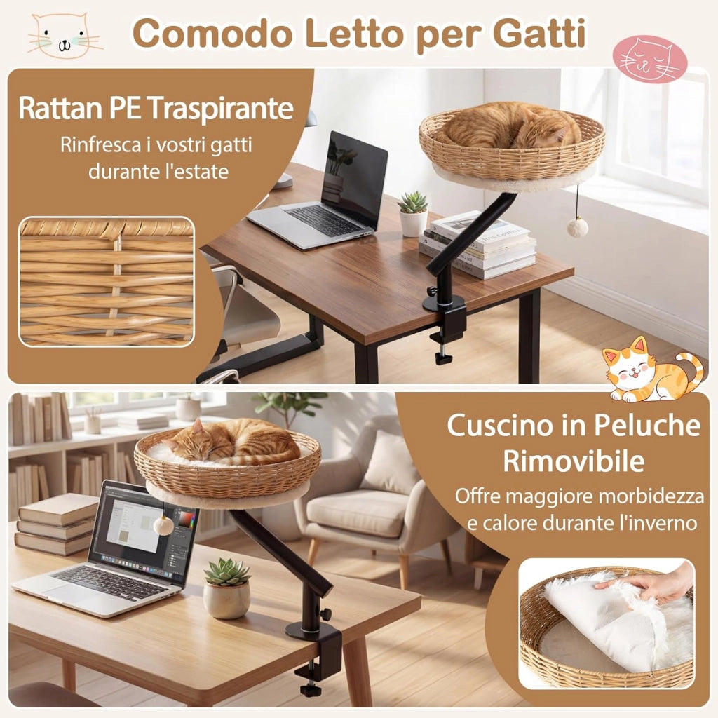 Letto per Gatti da Scrivania Girevole 360°, Cuccia per Gatti in Rattan PE con Cuscino in Peluche Rimovibile, Amaca con Morsetto per Spessore 1,5-4,5 cm, Cuccia Salvaspazio per Ufficio e Casa