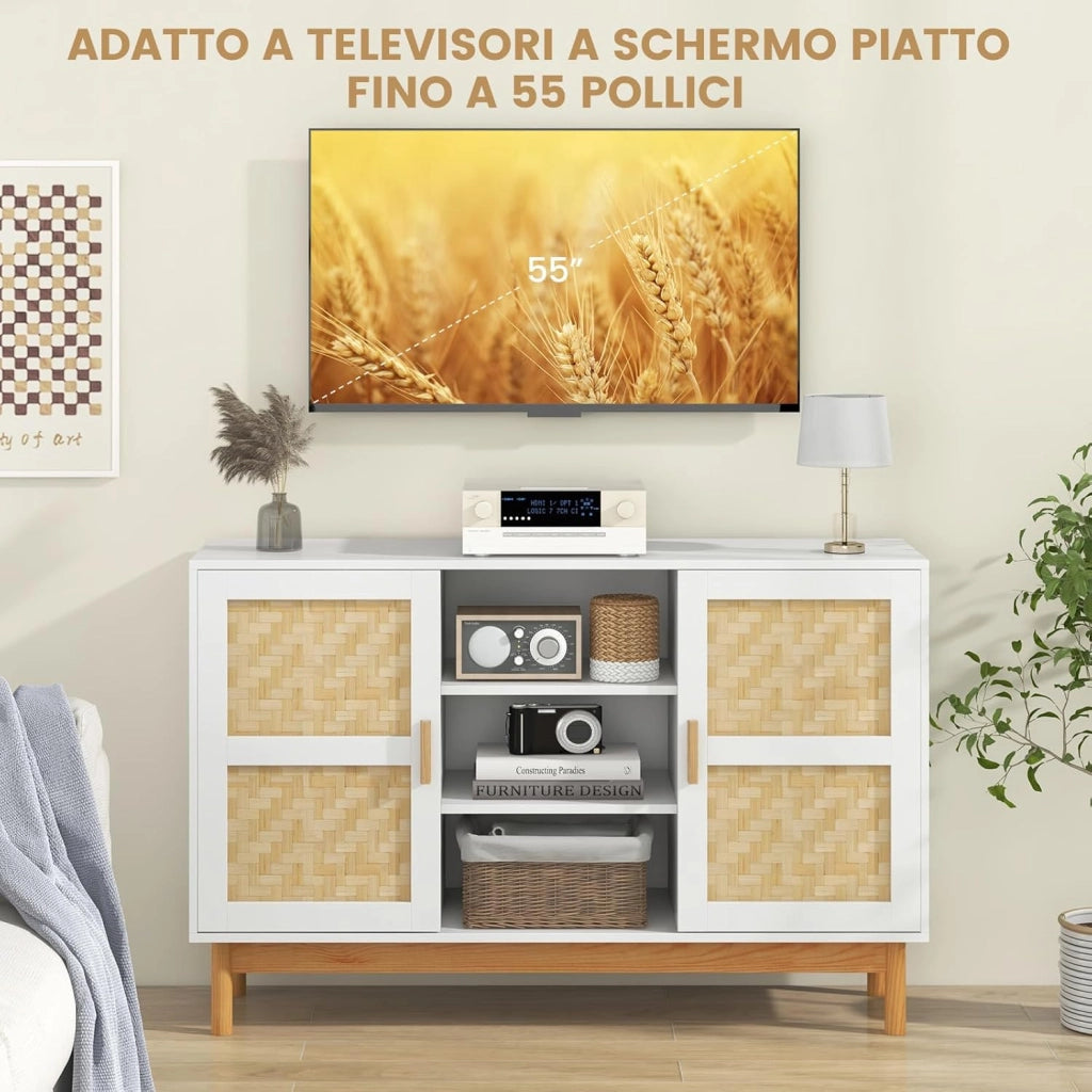 Credenza Buffet da Cucina, Mobile da Cucina con 2 Porte Intrecciate in Bambù, 3 Ripiani Aperti, per Cucina, Sala da Pranzo, Soggiorno e Ingresso, 120 x 35 x 78 cm