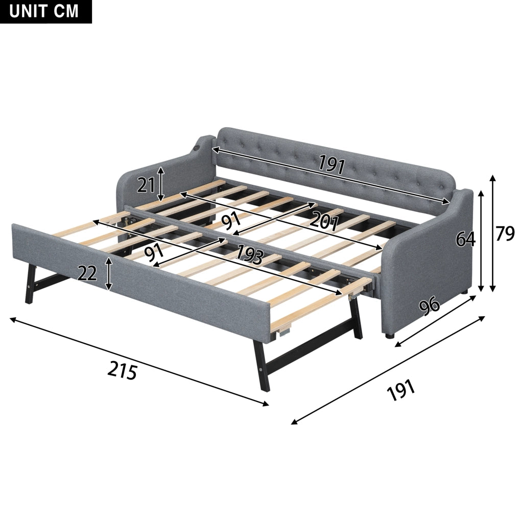 Divano letto estraibile 90x200 cm con USB, grigio