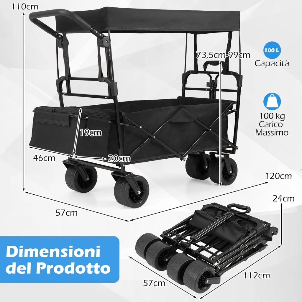 Carrello Pieghevole con Tetto, Carrello Trasportabile con Maniglia Regolabile, Borsa Portaoggetti e Ruote Grandi, Carrello da Giardino Capacità 100L, per Campeggio e Animali Domestici (Nero)