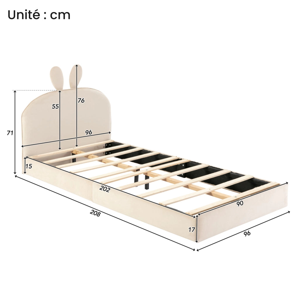 OKWISH Letto Bambini 90×200 cm, Letto Singolo con Testiera Coniglio, Doghe in Legno e Rivestimento, senza Materasso, Beige