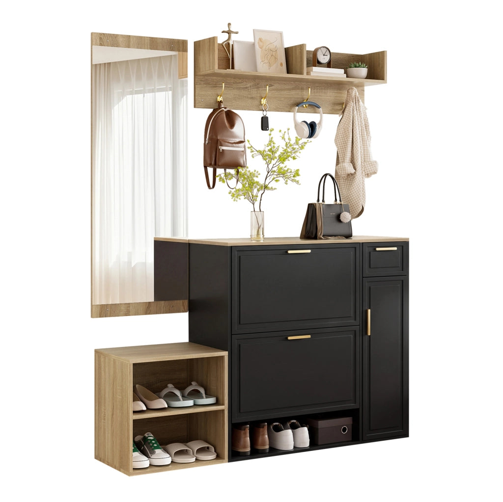 Set ingresso 4 pezzi nero e naturale con scarpiera e specchio