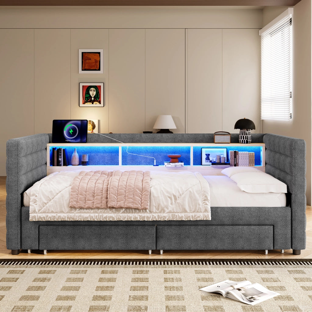 OKWISH Letto a Scomparsa 90×190 cm, Letto Singolo con USB, Tipo C, 2 Cassetti, Vani e LED, senza Materasso, in Velluto, Grigio