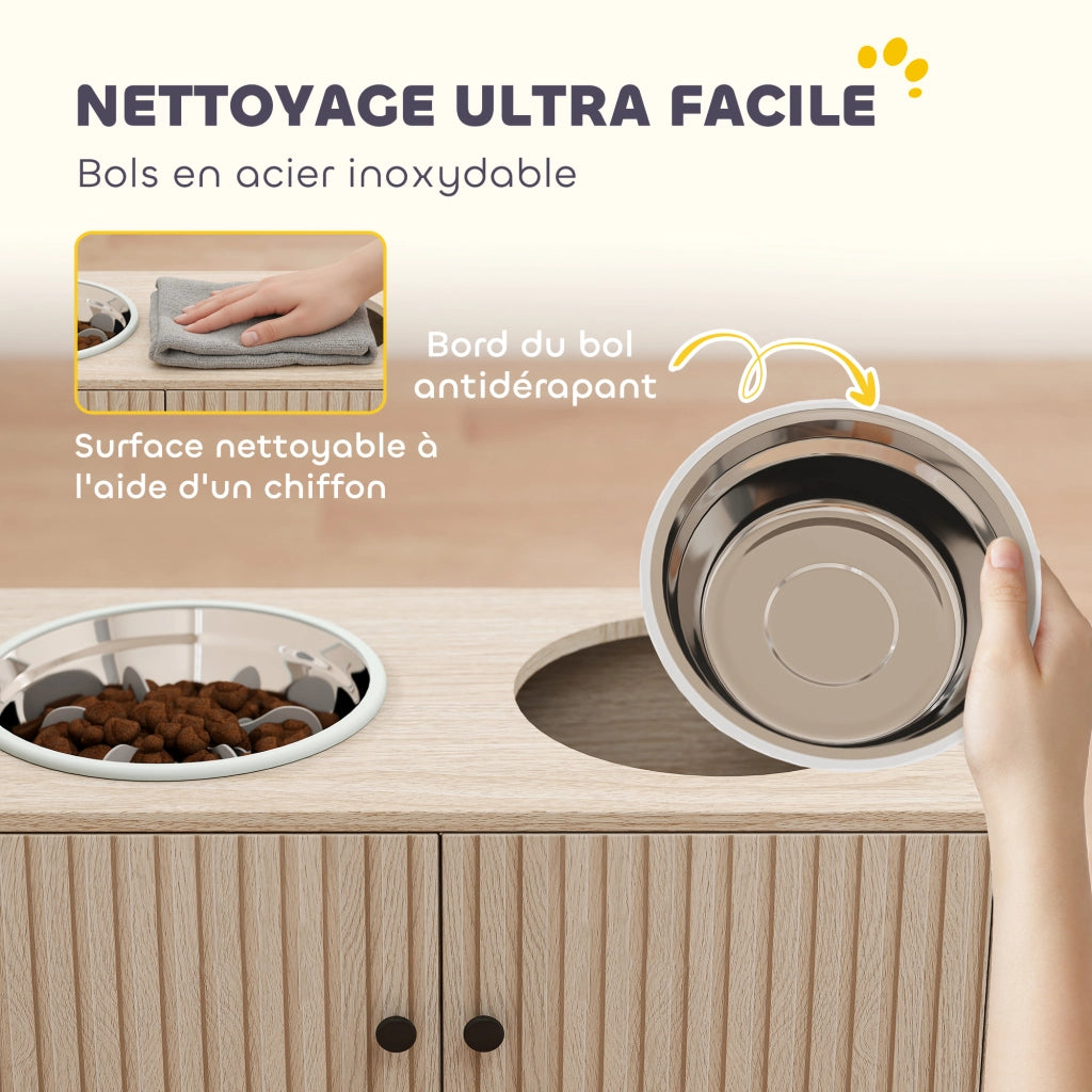 Contenitore per Cibo Cani con 2 Ciotole in Acciaio ¨C Minimal ¨C 60x30x35,5 cm Quercia
