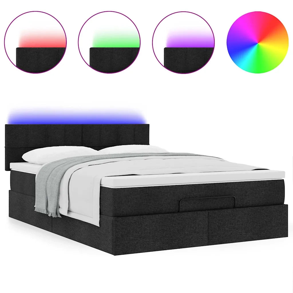 Pouf Letto con Materasso e LED Nero 140x200 cm in Tessuto