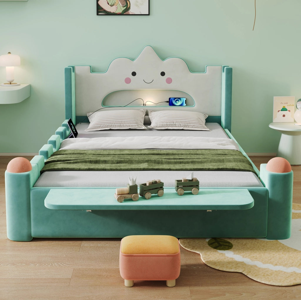 Letto imbottito per bambini con lampada LED e USB, contenitore e schienale a forma di nuvola