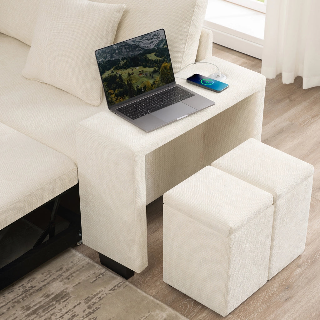 Divano angolare convertibile con vano contenitore; USB e USB-C; 4 cuscini; chenille beige