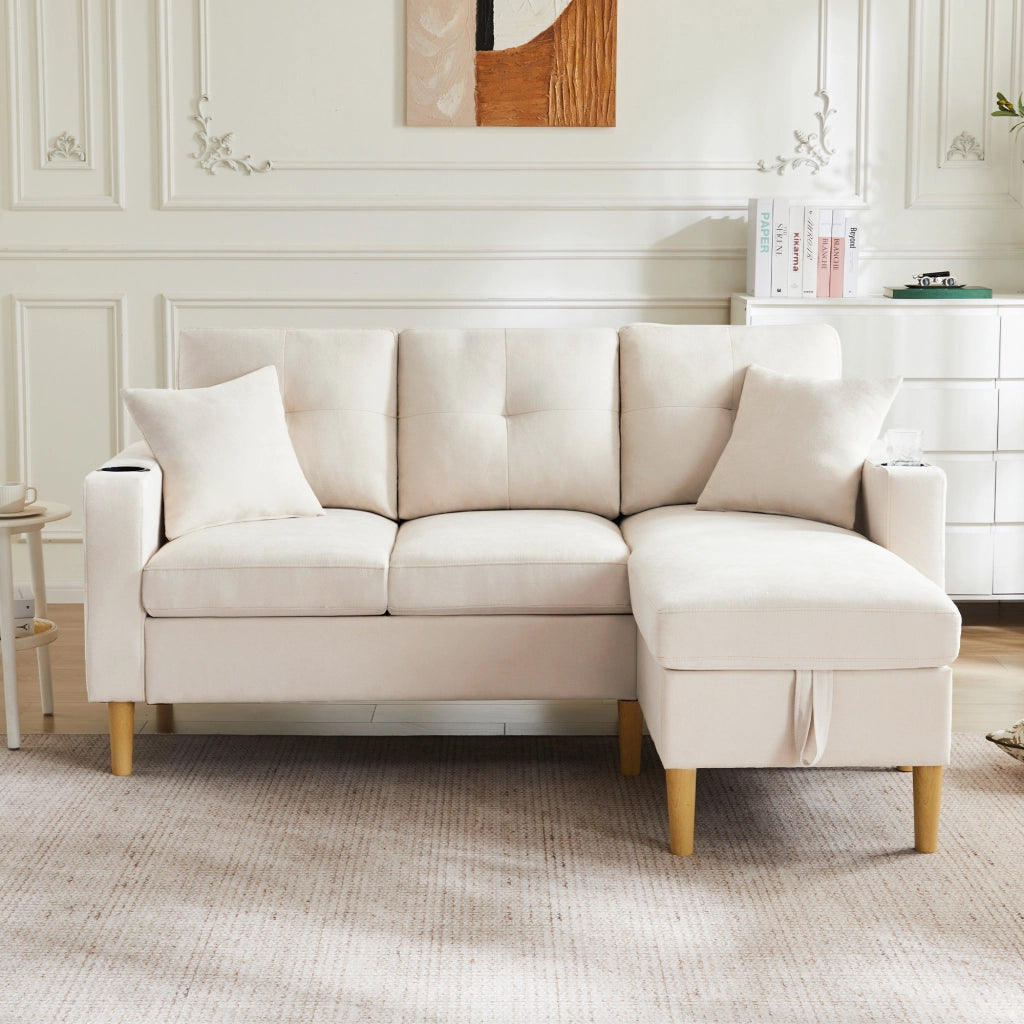 Sofa angolare con chaise longue reversibile, 3 posti, con contenitore, portabicchieri e 2 cuscini