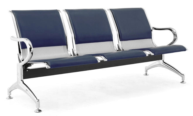 Panca per Sala Attesa 3 Posti da Ufficio con Cuscino in Acciaio e Similpelle Argento/Blu Navy