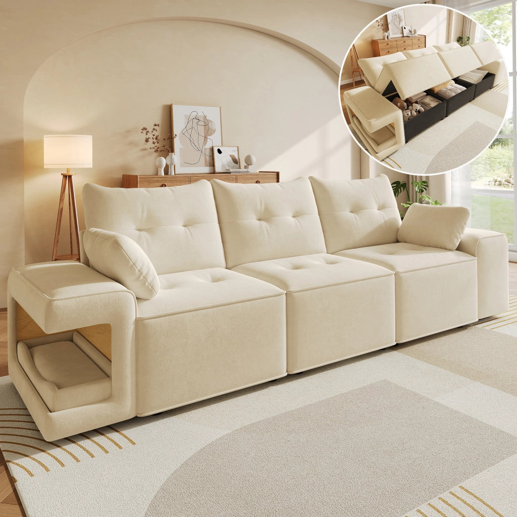 Divano modulare 3 posti con contenitore e nicchie per animali; velluto beige