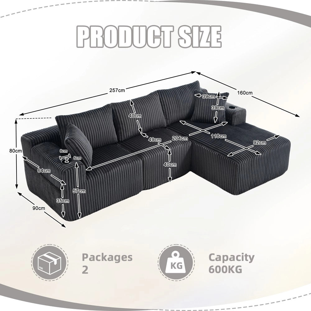 Divano con Chaise Longue 2 Posti ¨C Minimal ¨C Tessuto, con Cuscini