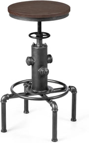 Sgabelli da Bar Industriale Girevole 360°, con Poggiapiedi, Sgabello Cucina Seduta Tonda Altezza Regolabile 60-75 cm, in Ferro e Pino (Grigio, 1)