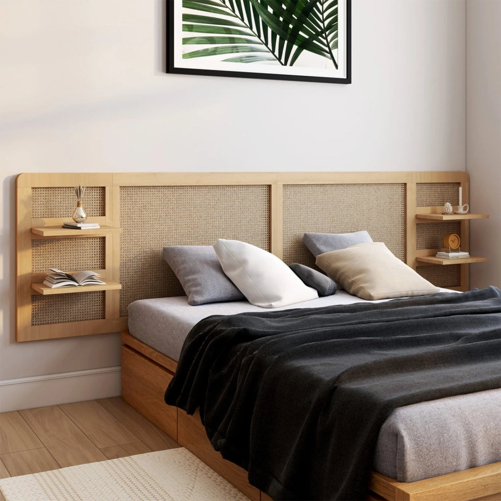 IDMarket - EDHEN 240 CM cabecero de caña y madera con estantes de cabecera
