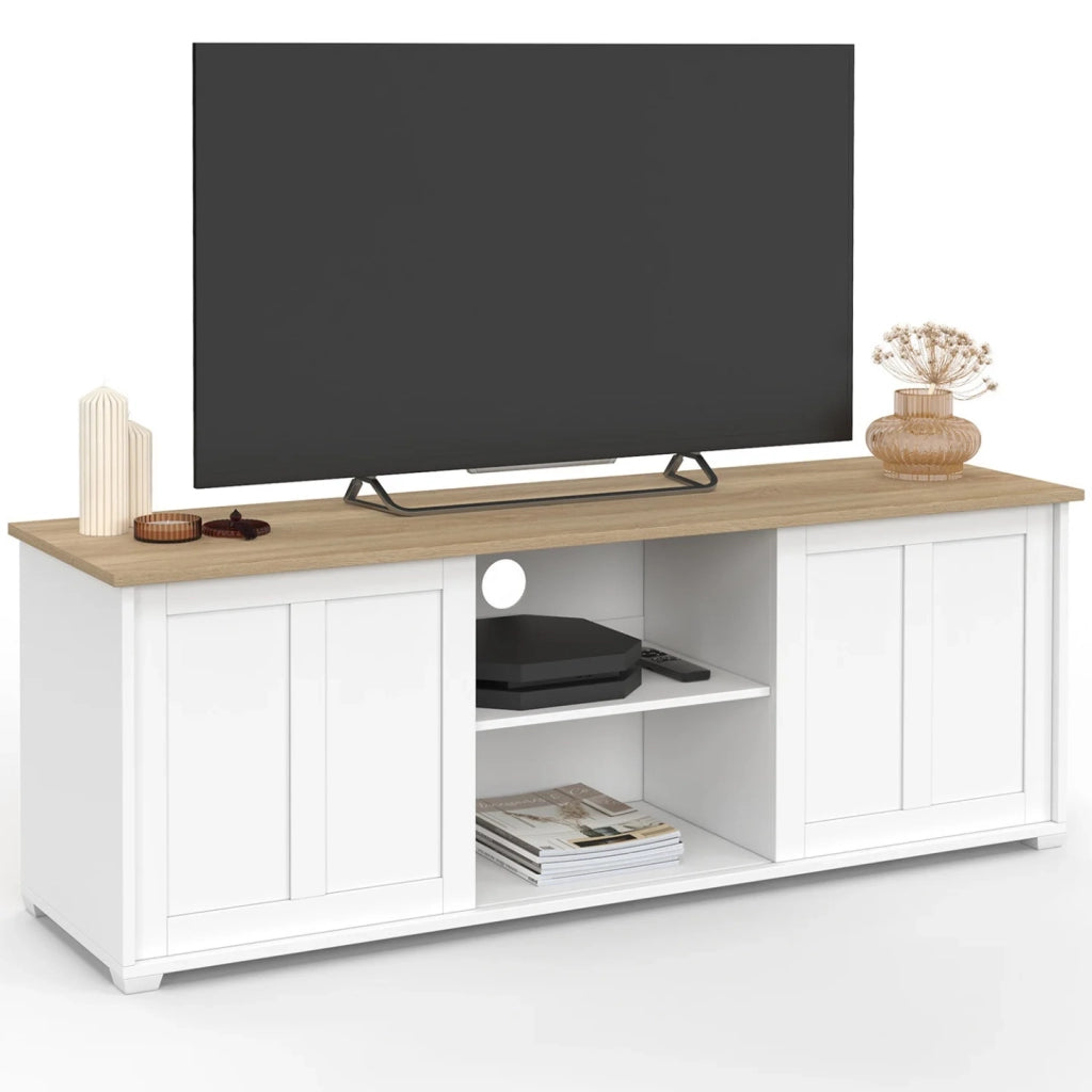 IDMarket - Mobile TV JANGO 140 cm con 2 ante scorrevoli bianche e piano in legno