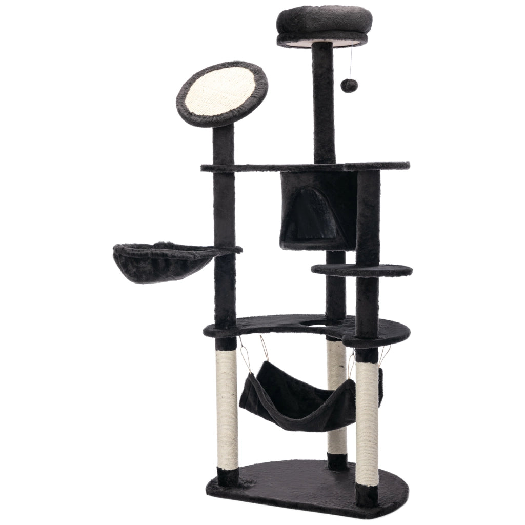Albero tiragraffi per gatti con piattaforme, amaca e palla gioco ¨C zephmum ¨C Grigio scuro 65x50x153 cm