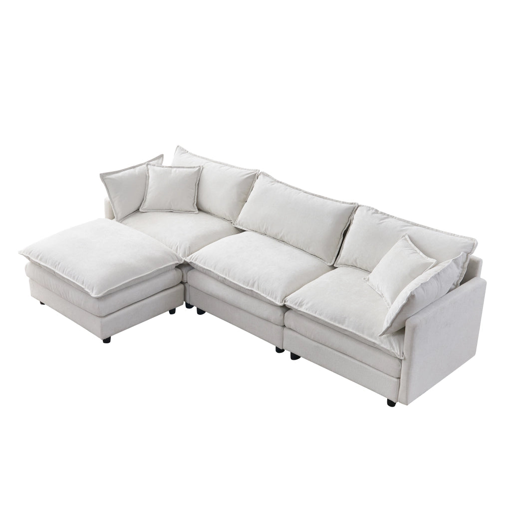 Divano angolare modulare 3 posti con pouf mobile e cuscini sfoderabili, in tessuto di ciniglia beige
