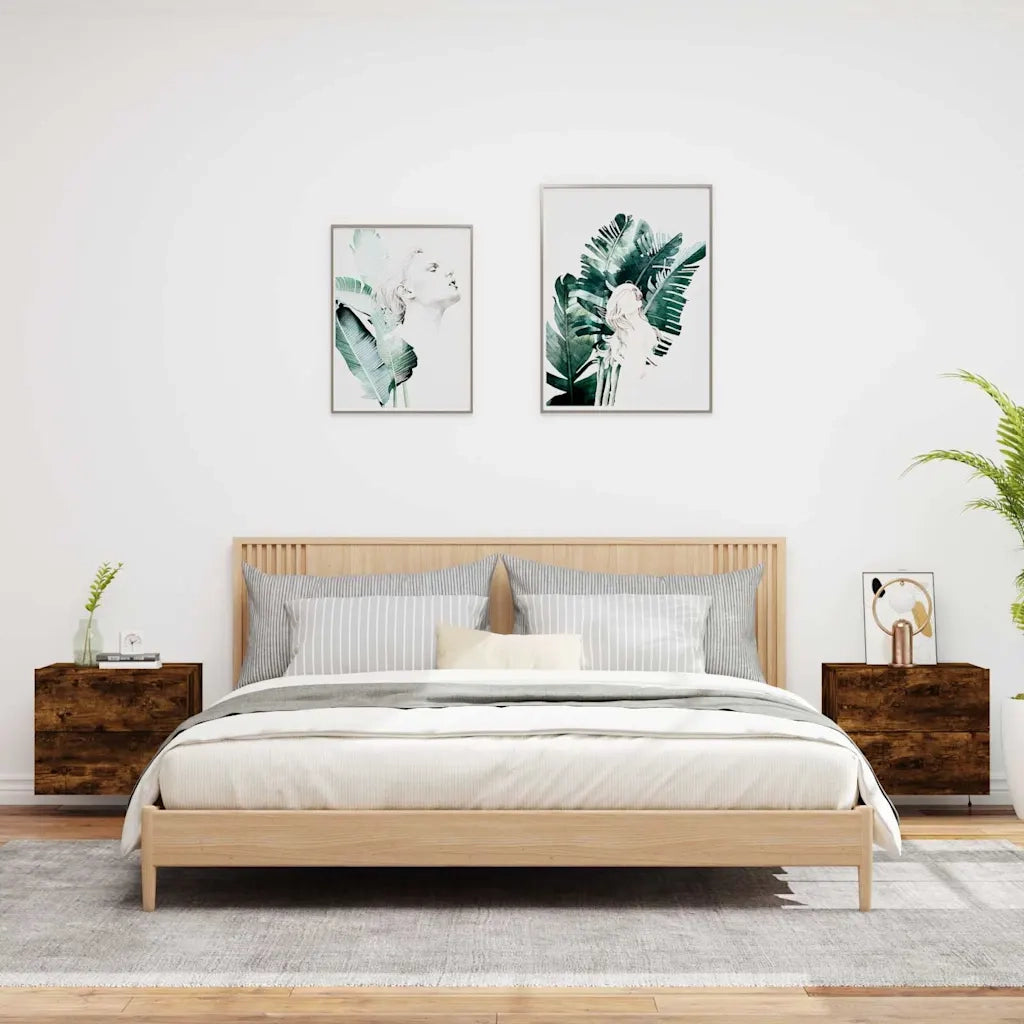 Set di 2 Comodini | Armadio da Notte | Mobiletto da notte a Parete con luci LED Rovere Fumo