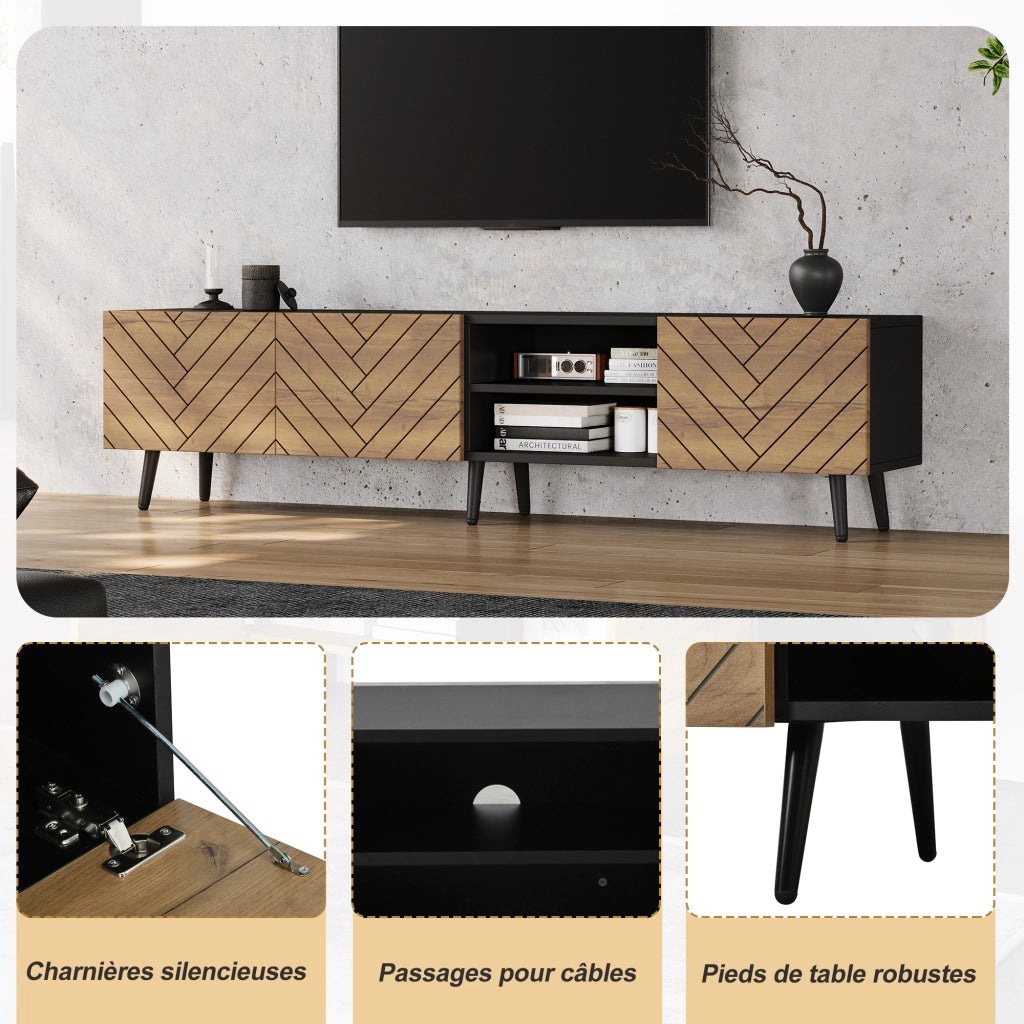 Mobile TV 180x33,5x45 cm con Ante e Passacavi ¨C MINIMAL ¨C Bianco/Nero/Legno