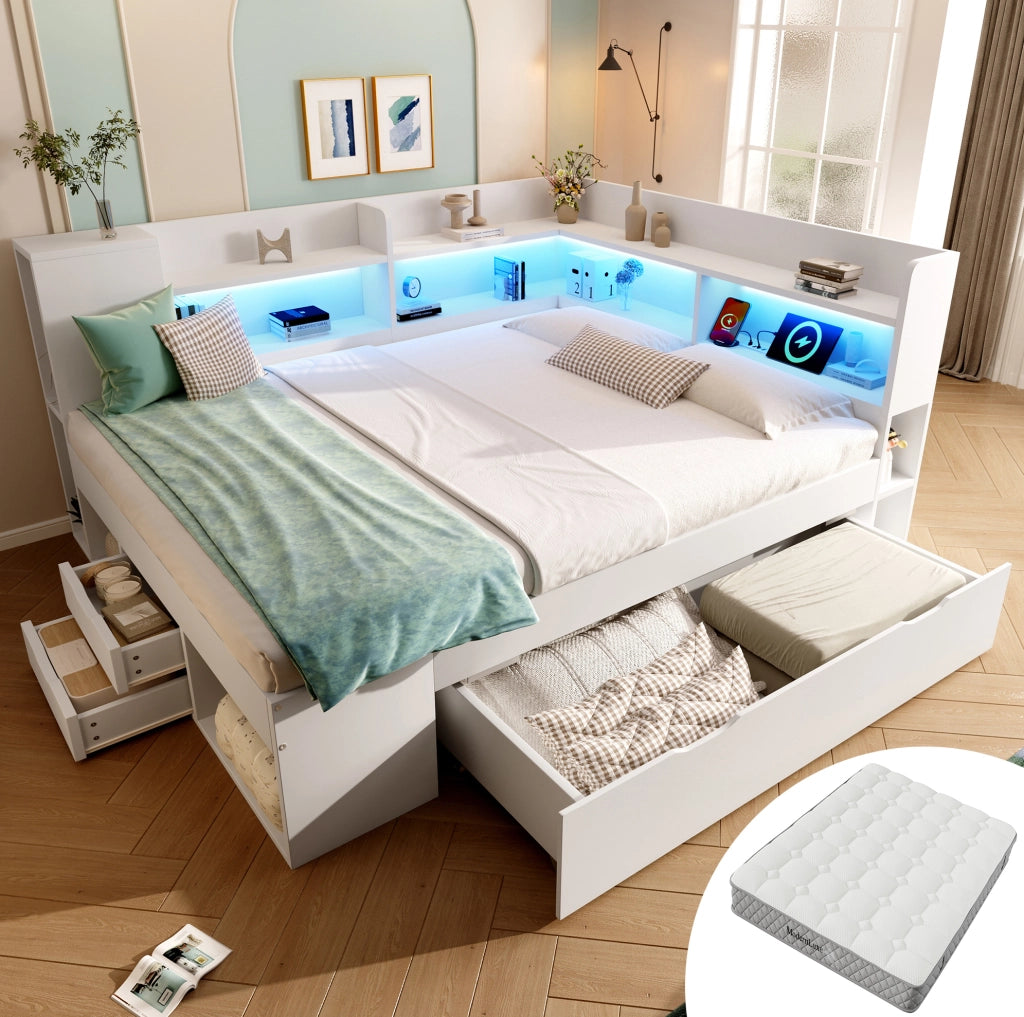 Letto da giorno 140x200 cm con materasso; LED; USB e Type-C; bianco