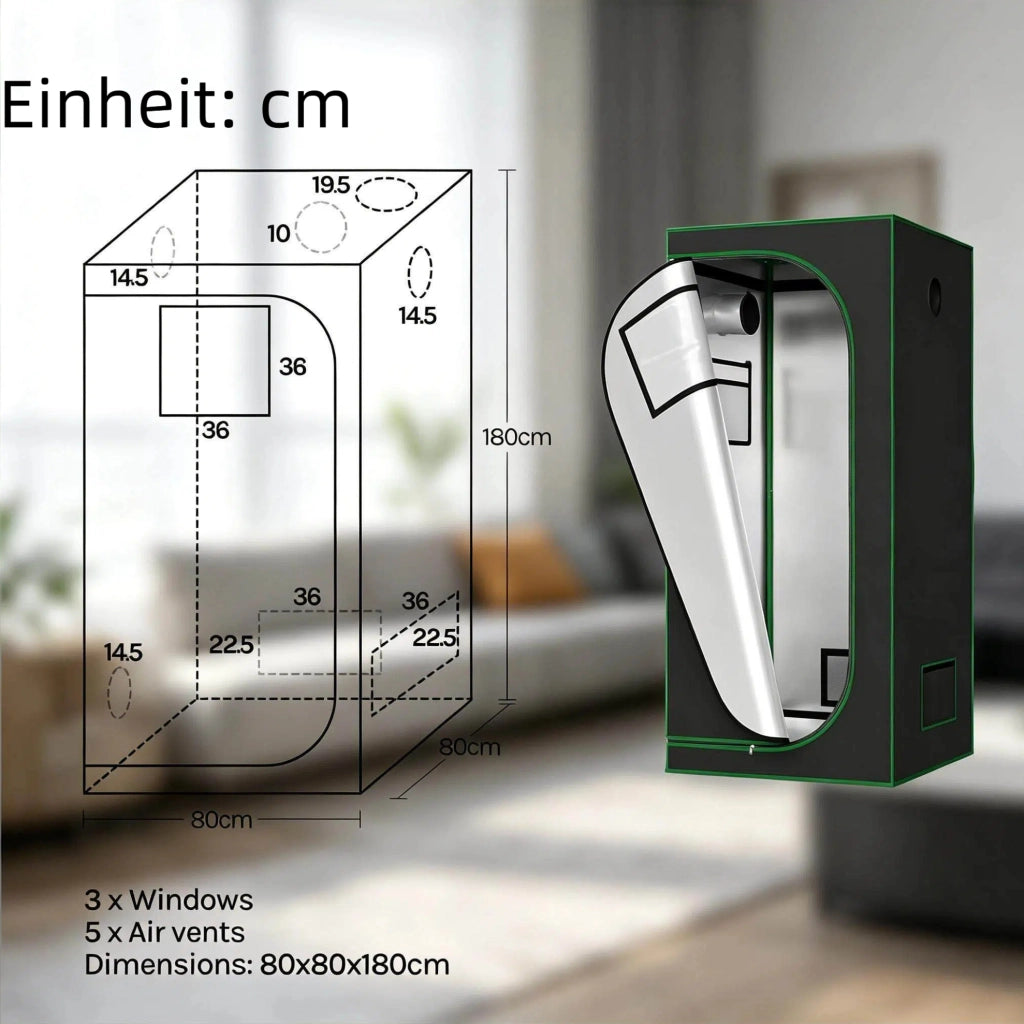 Serra da interno ULEVR 80x80x180 cm con telo Oxford 600D e struttura in acciaio, nero e verde