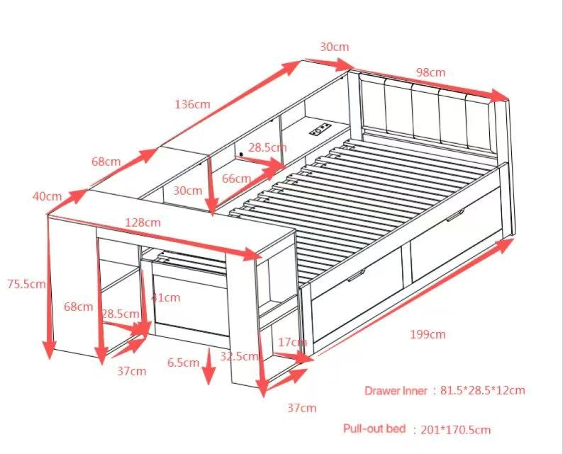 Letto Singolo con Scrivania, Cassetti e Rete a Doghe ¨C MINIMAL ¨C Bianco Opaco 90x200