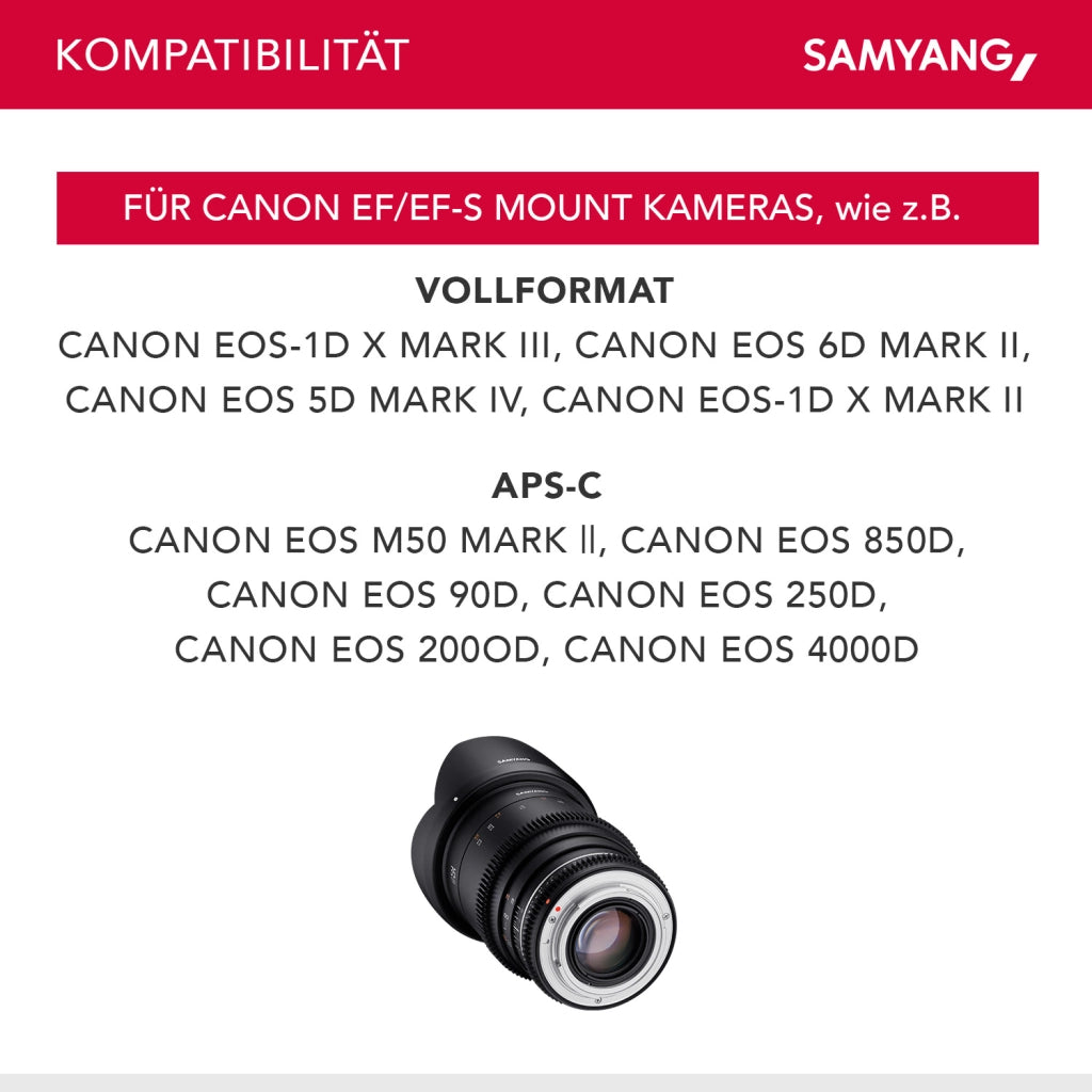Obiettivo grandangolare per video MF 35mm T1,5 VDSLR MK2 – luminoso T1,5 per Canon EF Mount, Follow Focus, full-frame e APS-C, risoluzione 8K