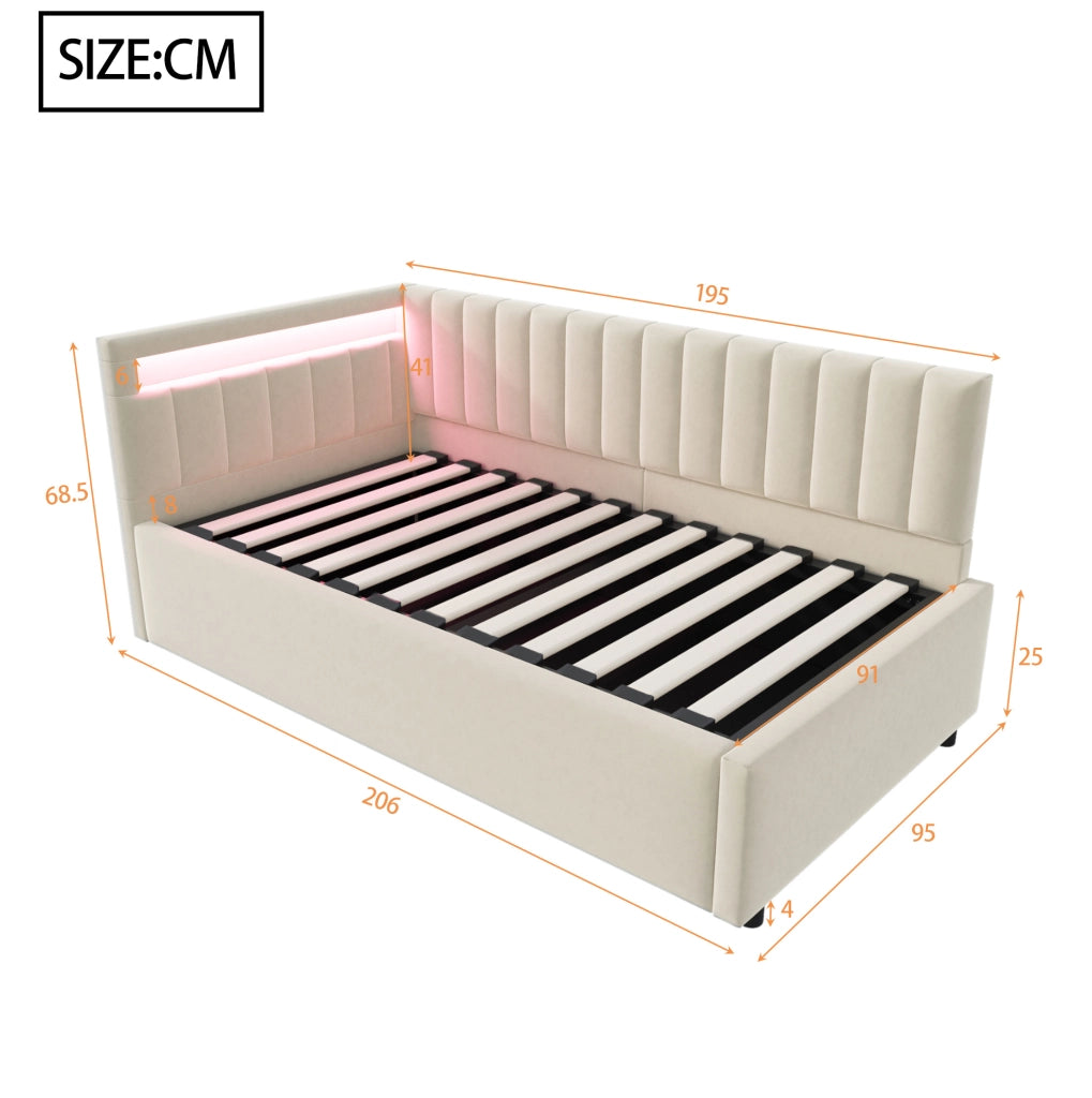 Divano Letto Imbottito 90x200 con LED e Contenitore Idraulico in Velluto Beige
