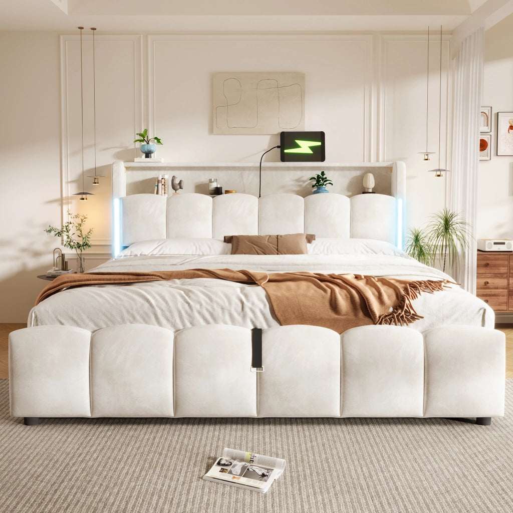 Letto contenitore imbottito con vano idraulico e LED RGB LEMONMAX; 180x200 cm; testiera con vano; USB-C; velluto; beige