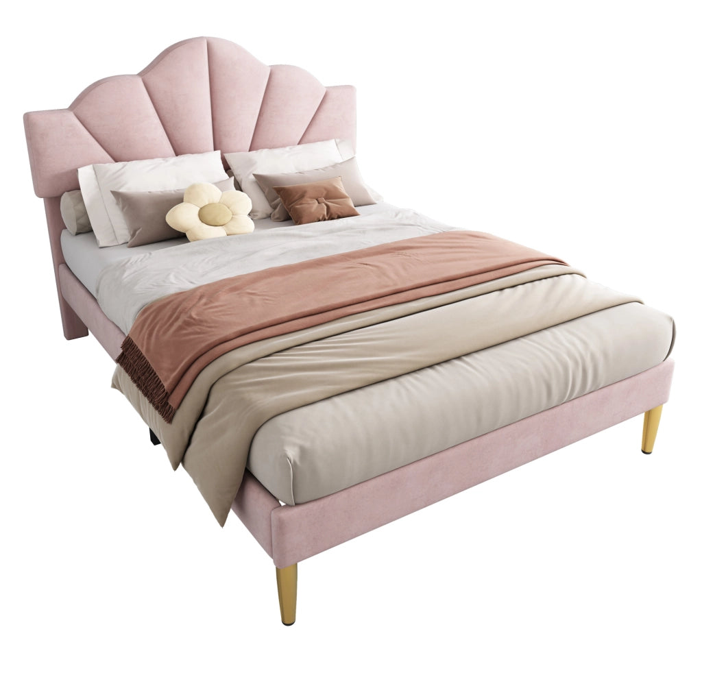 Letto matrimoniale imbottito in velluto rosa 140x190 cm