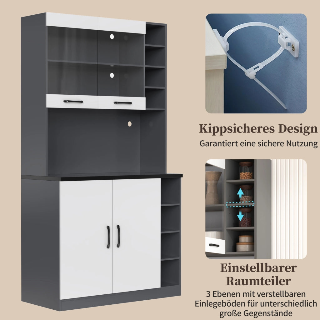 Credenza da cucina con LED, vetrina in vetro temperato, 2 ante e vani regolabili, per cucina, 100 × 47 × 187 cm