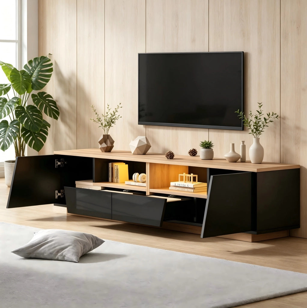 Mobile TV 180x40x46 cm con LED; 2 cassetti e 2 armadietti in truciolare nero e naturale