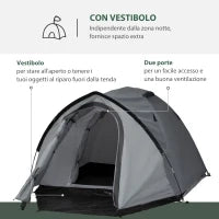 Tenda da Campeggio 2 Posti Impermeabile con Vestibolo, Finestre e Porte con Cerniera, 325x183x130cm Grigio