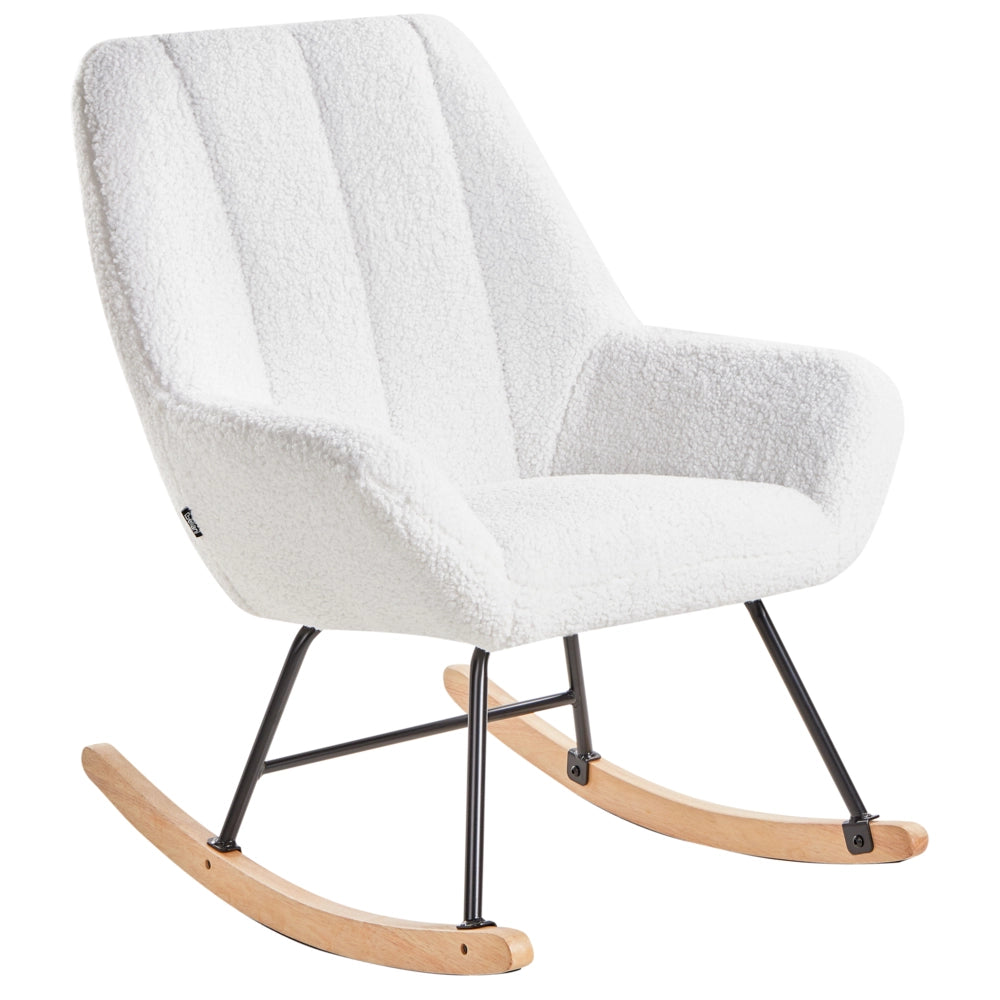 Sedia a dondolo Rivestimento in bouclé bianco sporco Teddy Metallo Gambe nere Braccioli Ampio schienale Soggiorno