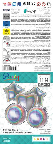 MA MAISON PALLONCINI HOLOGRAFICI GLITTERATI 1 CUORE, 2 STELLE, 2 ROTONDI 5 PZ 46X18 CM