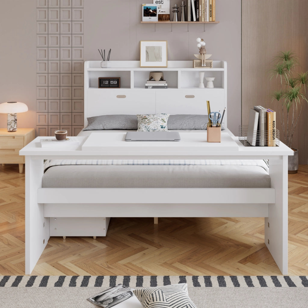 Letto con Cassetti 140 x 200 cm; Letto Matrimoniale - Tavolo Pieghevole e Mensole - Bianco