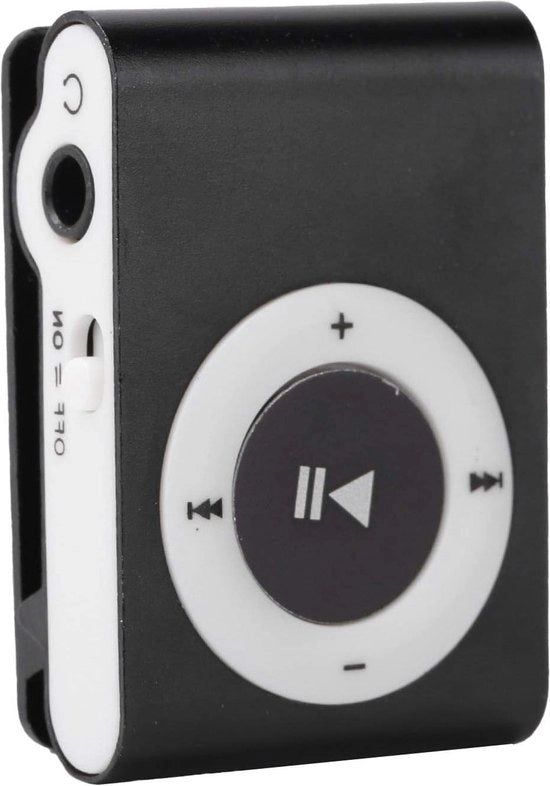 MP3 Player con Design Clip Indietro - Riproduttore Digitale Portatile - Mini MP3 con Altoparlante In-Orecchio e Cavo USB - Supporto per Carta di Memoria da 8 GB - Nero