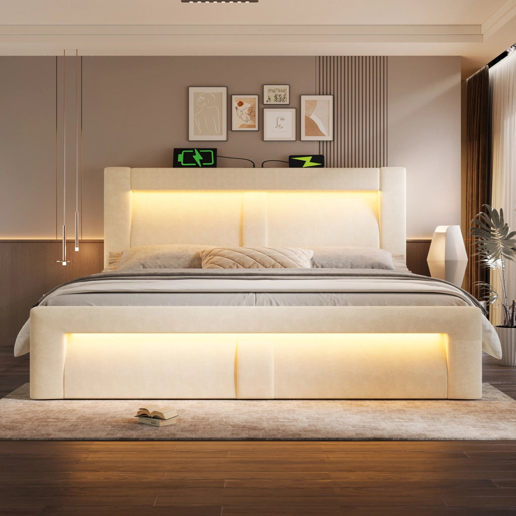 OKWISH Letto Contenitore 160×200 cm, Letto Matrimoniale con LED Regolabile, USB, Type C e Testiera Curva, senza Materasso, in Velluto, Beige