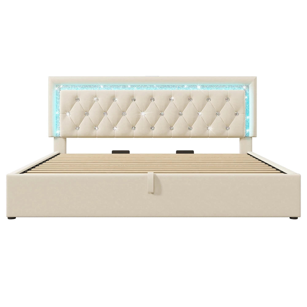 Letto imbottito-Xylo-180x200cm LED diamante USB-C idraulico velluto beige senza materasso