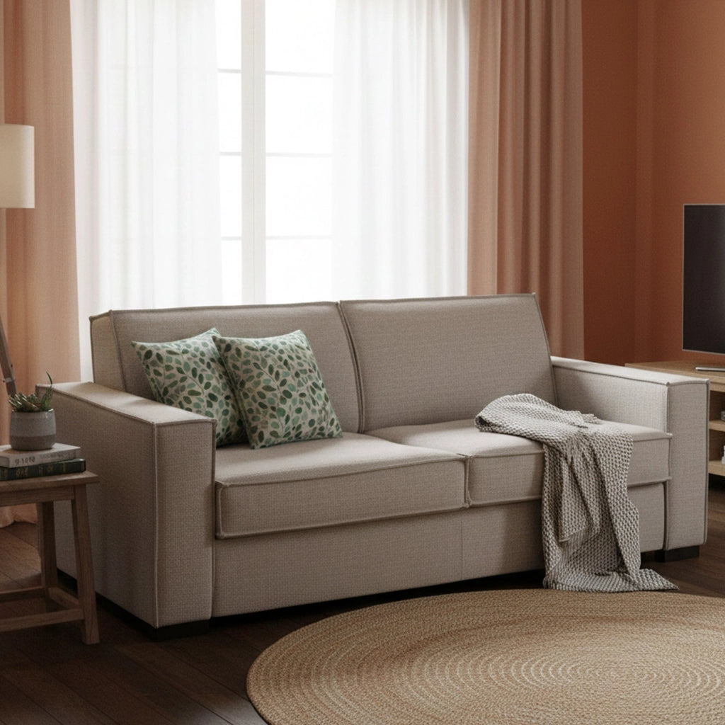 Divano Letto Alk, Divano a 2 posti, Made in Italy, SofÒ  Soggiorno con apertura girevole, in tessuto imbottito, con Braccioli slim, cm 160x95h90, Tortora
