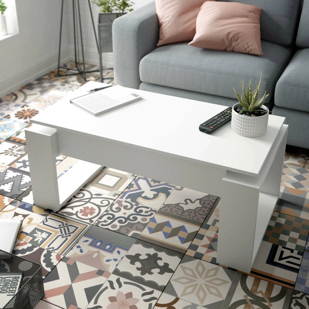 Tavolino da salotto Aspra, Tavolino da caffÒ¨ con piano elevabile, Tavolo basso da soggiorno, cm 105x55h45/56, Bianco