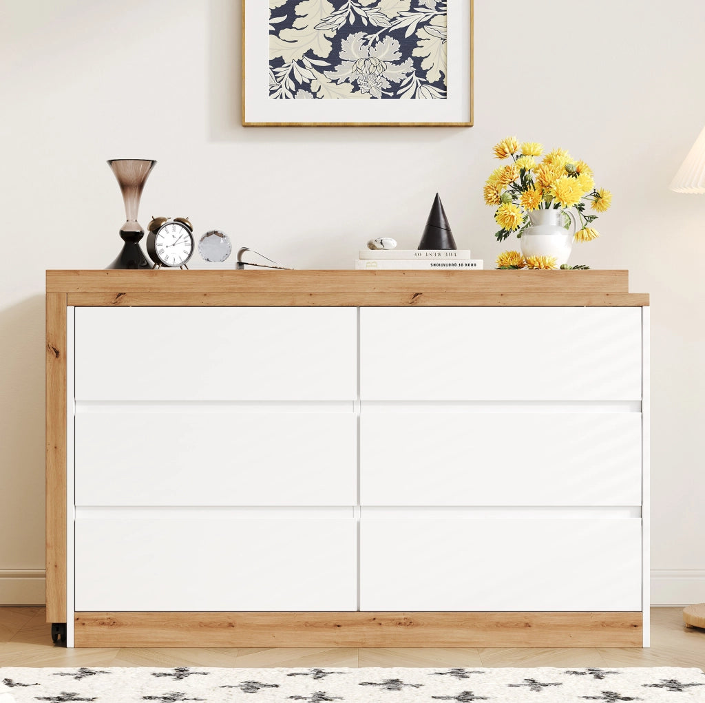 Scrivania girevole 2 in 1 con 6 cassetti 120x50 cm in pannello truciolare; bianco e rovere