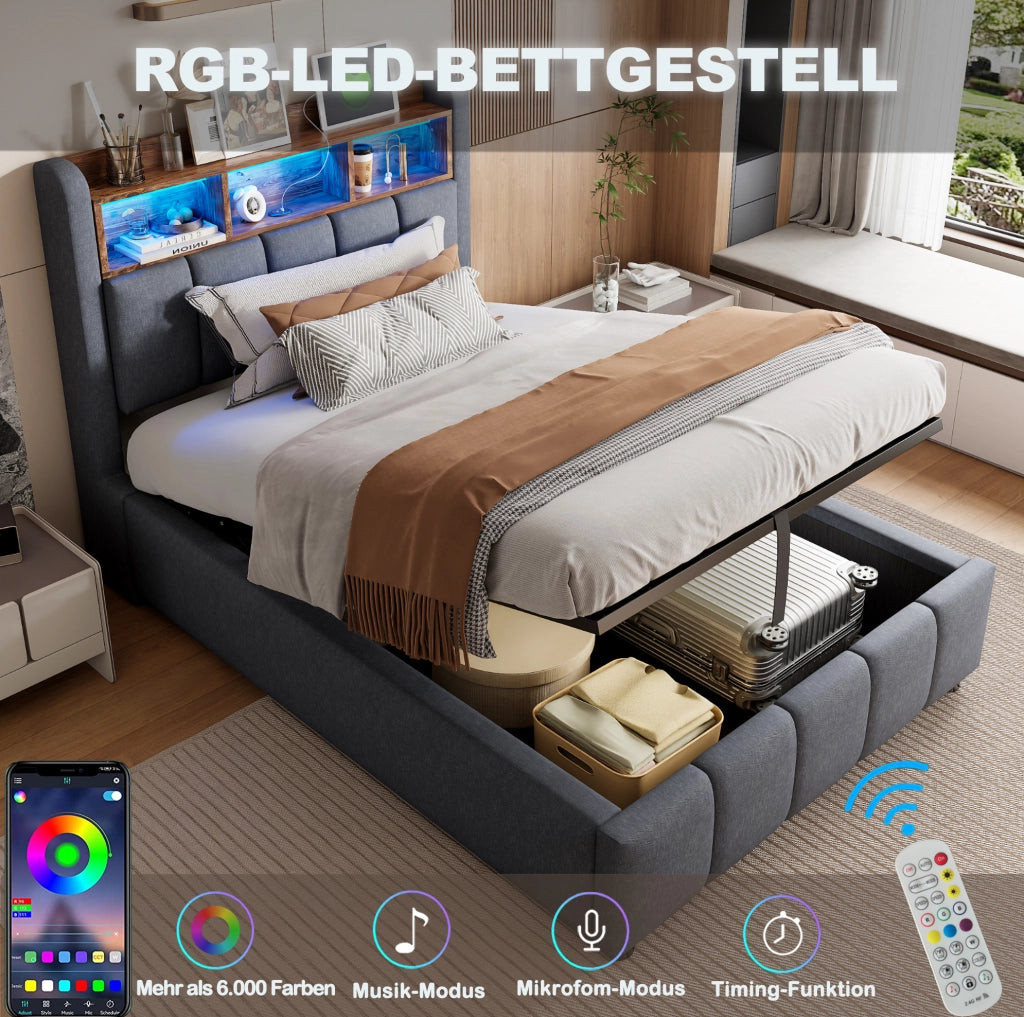 LETTO Imbottito 90x200 cm Grigio con LED, USB e materasso incluso