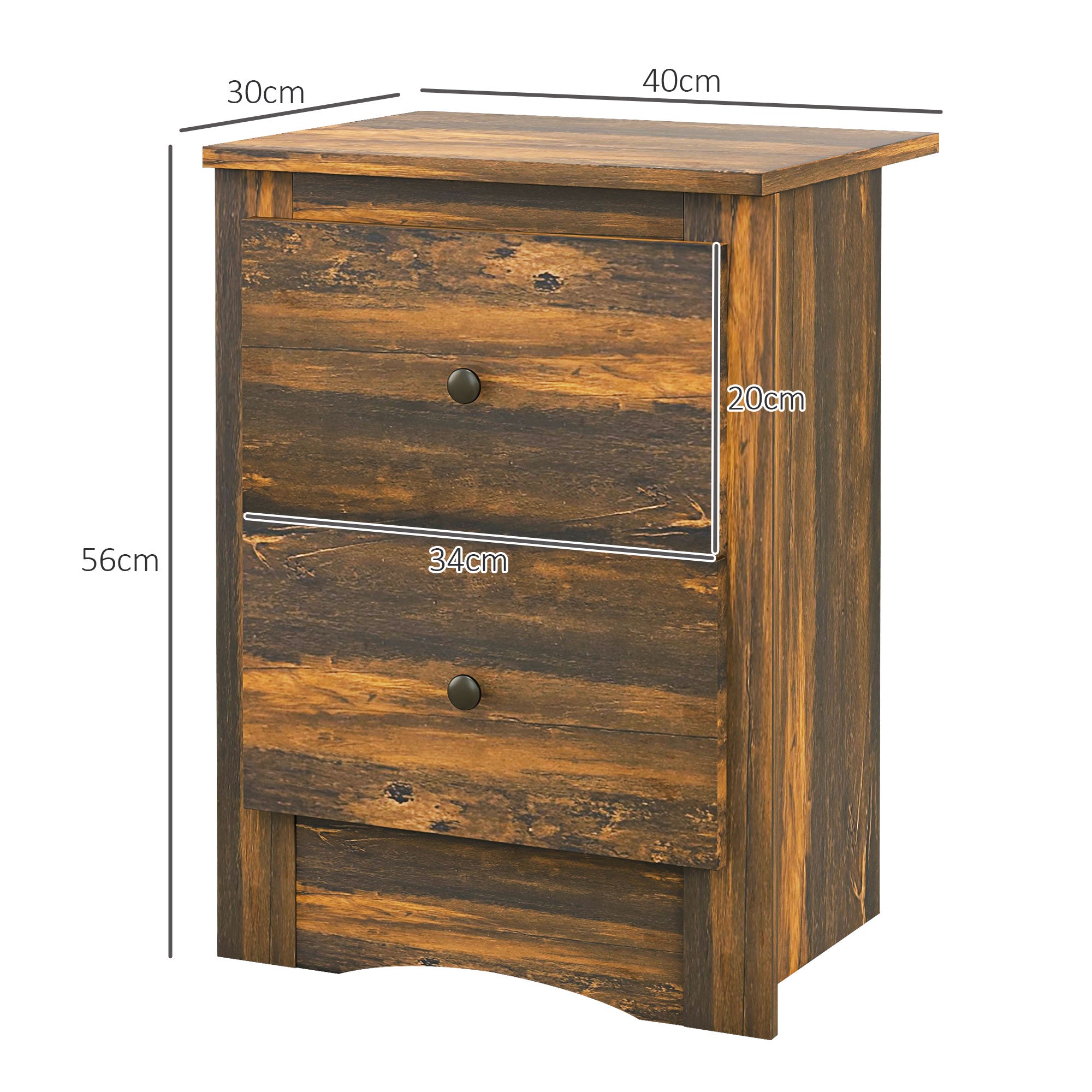 Comodino 2 Cassetti Stile Rustico 40x30x56 cm Marrone