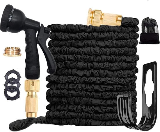 100m Tubo per Giardino con Sparatore - Tubo Flessibile e Estensibile - 1 pezzo - Nero