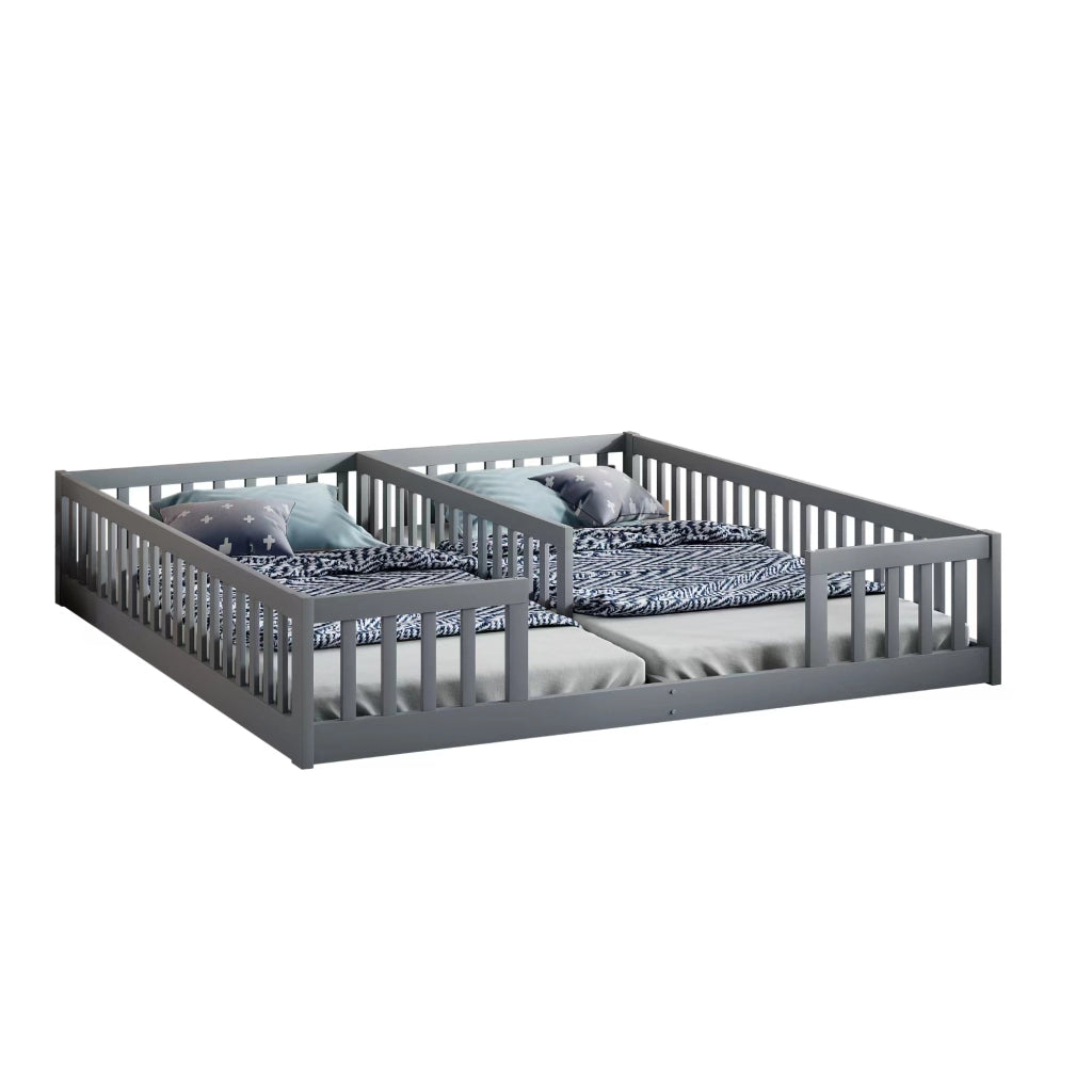 OKWISH Letto Bambino 90×200 cm, Letto Singolo a Terra con 2 Posti Letto, Sponde di Sicurezza, con Doghe e senza Materasso, Grigio