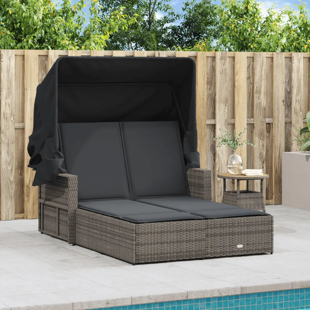 Sdraio da giardino | Lettino Doppio con Baldacchino e Cuscini Grigio in Polyrattan