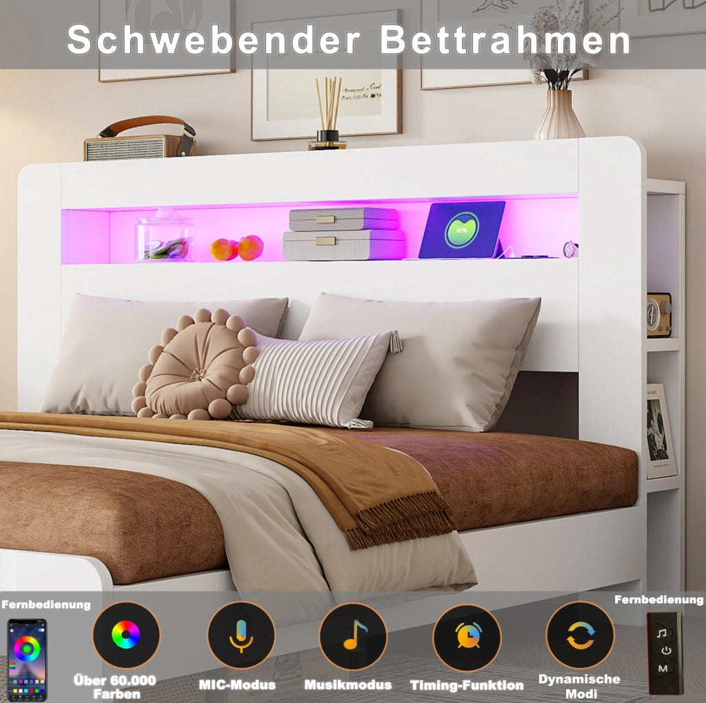 Letto multifunzione 140x200 cm con LED e prese, bianco