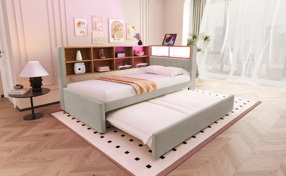 DESMIU Divano letto 90 × 200 cm con letto estraibile 90 × 190 cm, LED, USB, Type C e presa, senza materasso, grigio chiaro